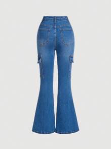 SHEIN Quần Jeans Ống Loe Cargo Y2K Cho Bé Gái Tuổi Teen, Quần Denim Thời Trang - Rửa trung bình - Xem 2