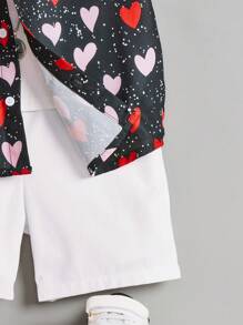 SHEIN Young Boys' Cute Loose-Fit Heart Print Shirt And Solid Color Shorts Set - White - View 4