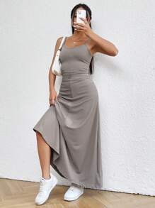 SHEIN EZwear Màu xám Dệt kim Eo Ruched Của phụ nữ Dây đeo Mì Ý  Đầm - Xám - Xem 5