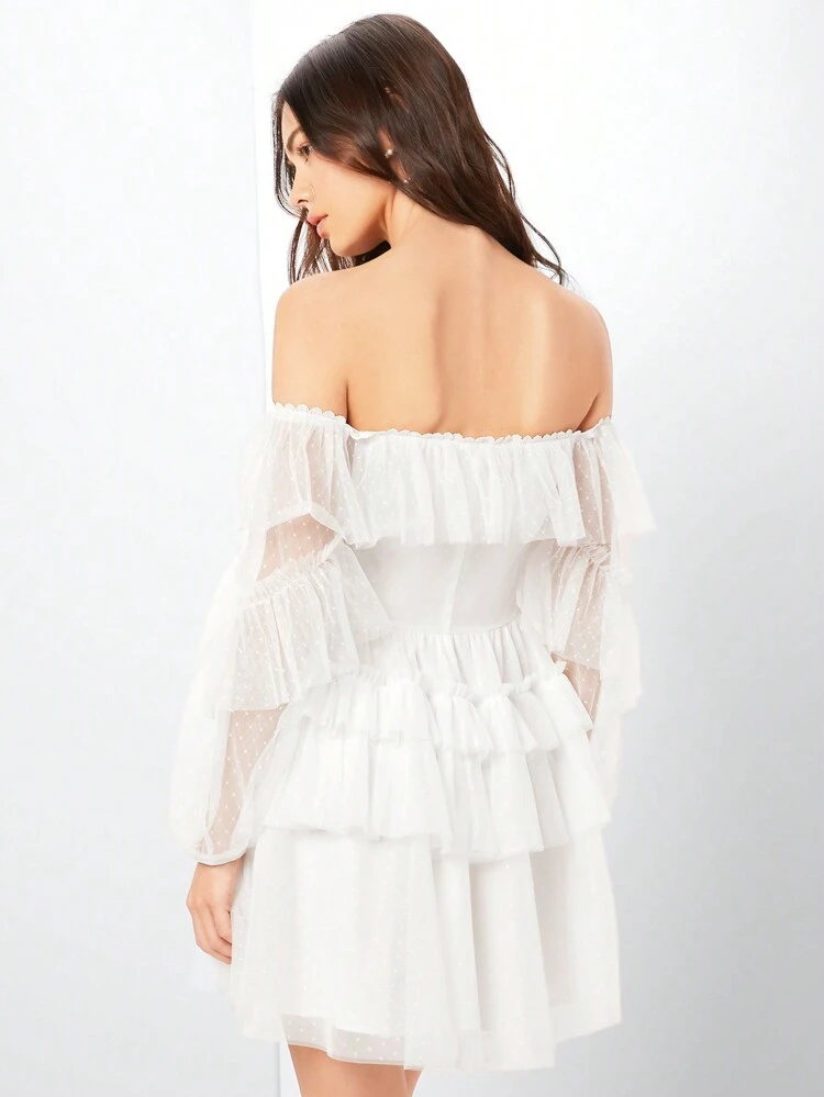 Vestido Bodycon Feminino Com Manga Lanterna E Ombros De Fora Com Babados