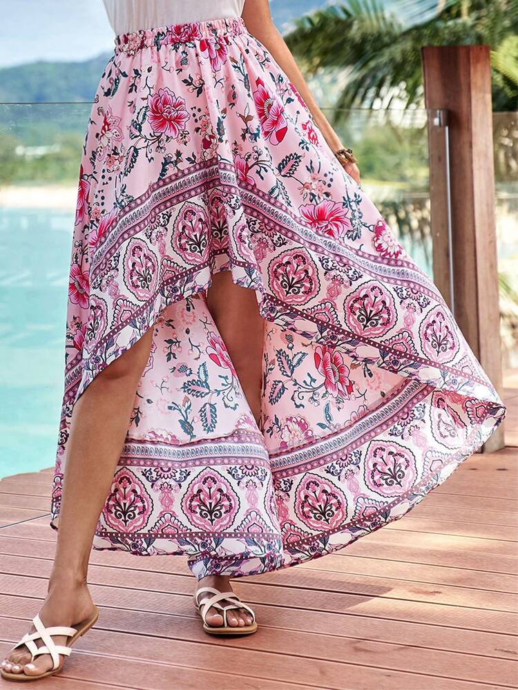 Vacation Elastic Waist Floral Print Asymmetric Hem Spring Skirt