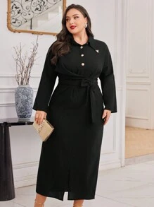 Modelyn Plus Size Women's Waist-Cinched Shirt Dress Long Evening Dresses - Black - View 6