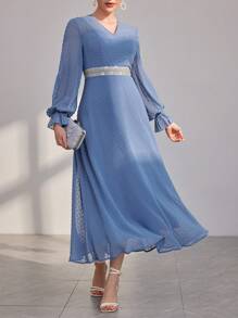 Modelyn Women's Swiss Dot Waist Cinched Arabian Dress Long Evening Dresses