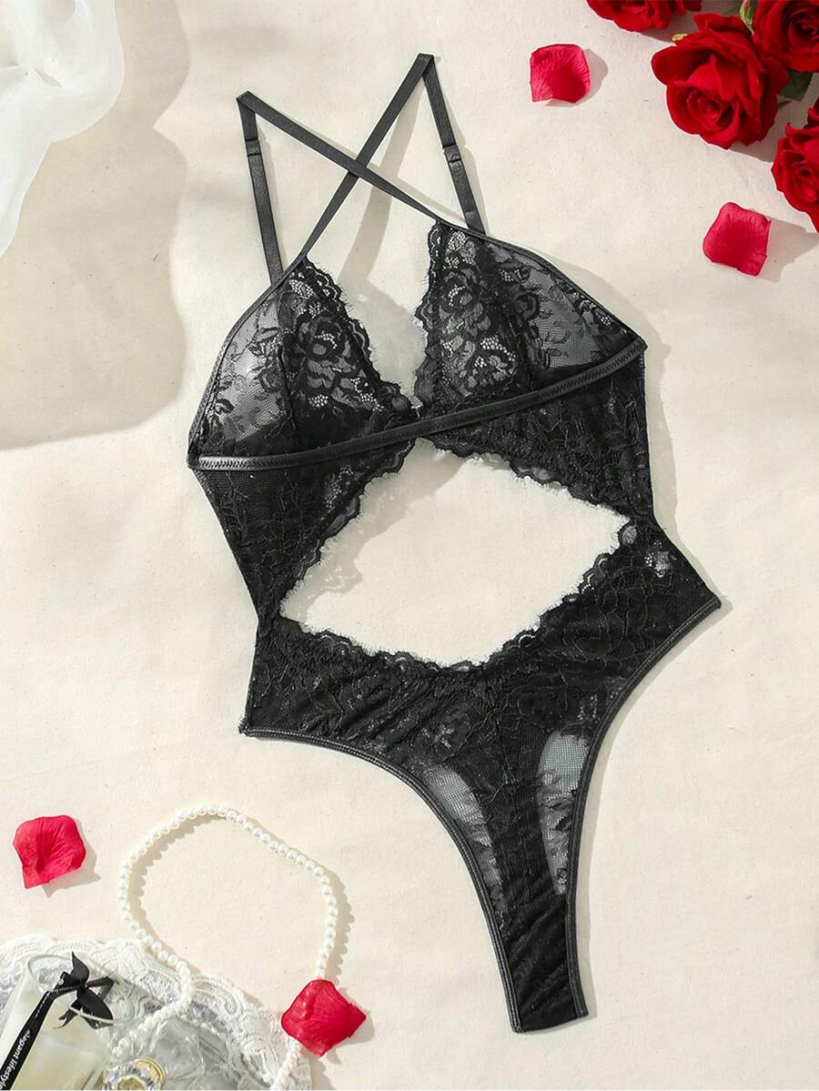 SHEIN 女式花卉蕾丝镂空交叉露背紧身衣，坏蛋造型