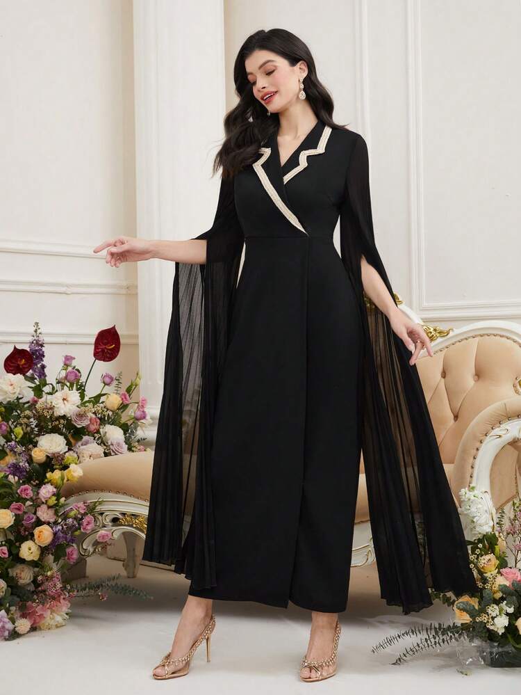 Women's Color Block Turtleneck Arabian Dress With High Slit Long Sleeves Long Evening Dresses