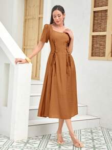 Mulvari Của phụ nữ Ngắn tay Đầm Với Eo Buộc - màu nâu - Xem 1