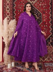 Al Najma Plus-Size V-Neck Floral Jacquard Dress With Long Slit Sleeves Kaftan Jalabiya Dress - Purple - View 5