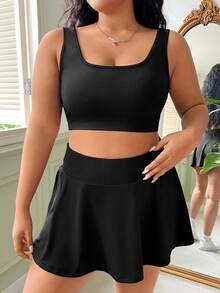 CovetEZ Kích thước lớn Màu thuần Thon gọn Quần skinny Áo vest Và Váy Hai chiếc Bộ - màu đen - Xem 5