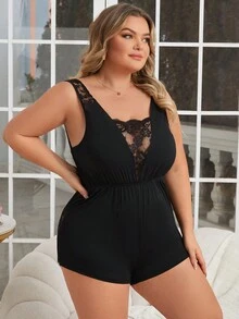 蕾絲拼接深v領性感吊帶連體睡衣 - 黑色 - 查看 3