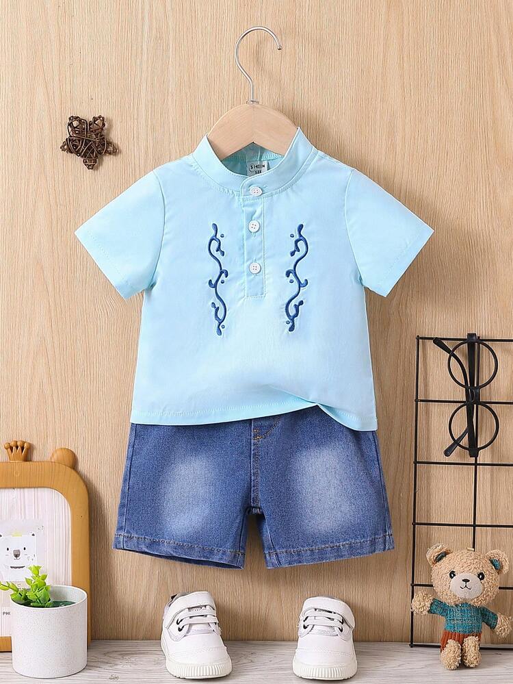 2pcs/Set Baby Boy Spring And Summer Fashionable Positioning Embroidery Short-Sleeved Top And Denim Shorts