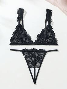 SHEIN 女士蕾丝丁字裤内衣套装内衣 - 黑色 - 查看 2