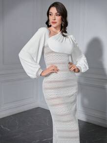 Modelyn Women's Asymmetrical Collar Lace Dress With Lantern Sleeve Long Evening Dresses - White - View 3