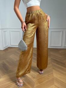 SHEIN Essnce Ladies' Fashionable Gold-Colored Wide-Leg Pants - Gold - View 1