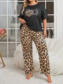 Leopard Lip & Letter Printed Top And Bottom Casual Set - Multicolor - View 2