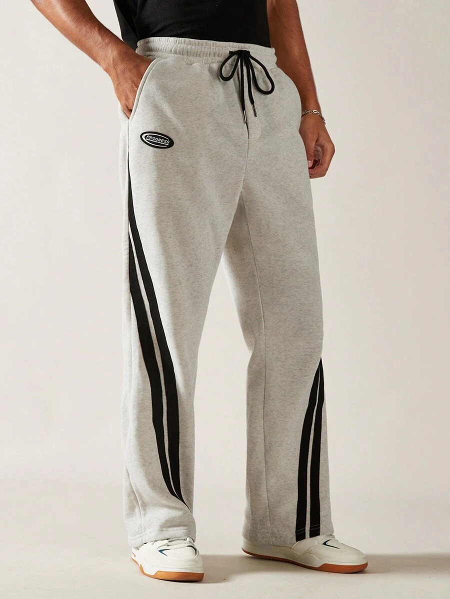 Manfinity VCAY Men's Color Block Drawstring Waist Jogger Pants With Patch Detail Workout Casual Straight Leg Sweatpants, For Husband, Boyfriend Gifts - Light Grey - View 1