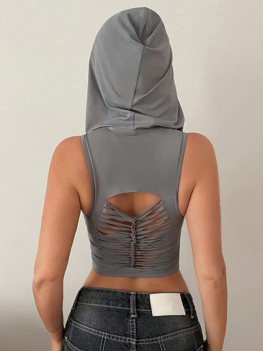 SHEIN SXY 女士纯色无袖连帽露背背心,春夏女士单身派对春假生日情人节性感破洞上衣夏季露脐上衣 - 灰色 - 查看 1