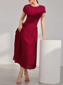 Modelyn Váy bó eo tay cánh dơi màu đỏ tía dành cho nữ - Màu Đỏ Sâu - Xem 1