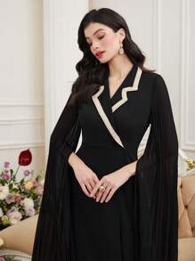 Modelyn Women's Color Block Turtleneck Arabian Dress With High Slit Long Sleeves Long Evening Dresses - Black - View 2
