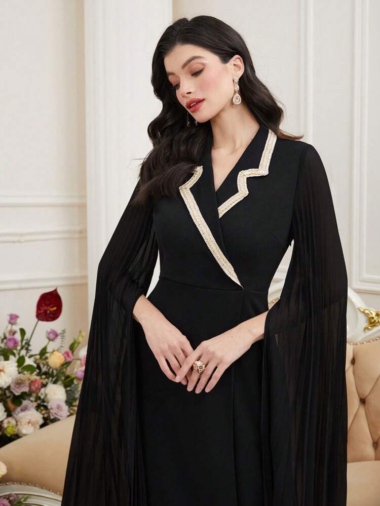 Women's Color Block Turtleneck Arabian Dress With High Slit Long Sleeves Long Evening Dresses