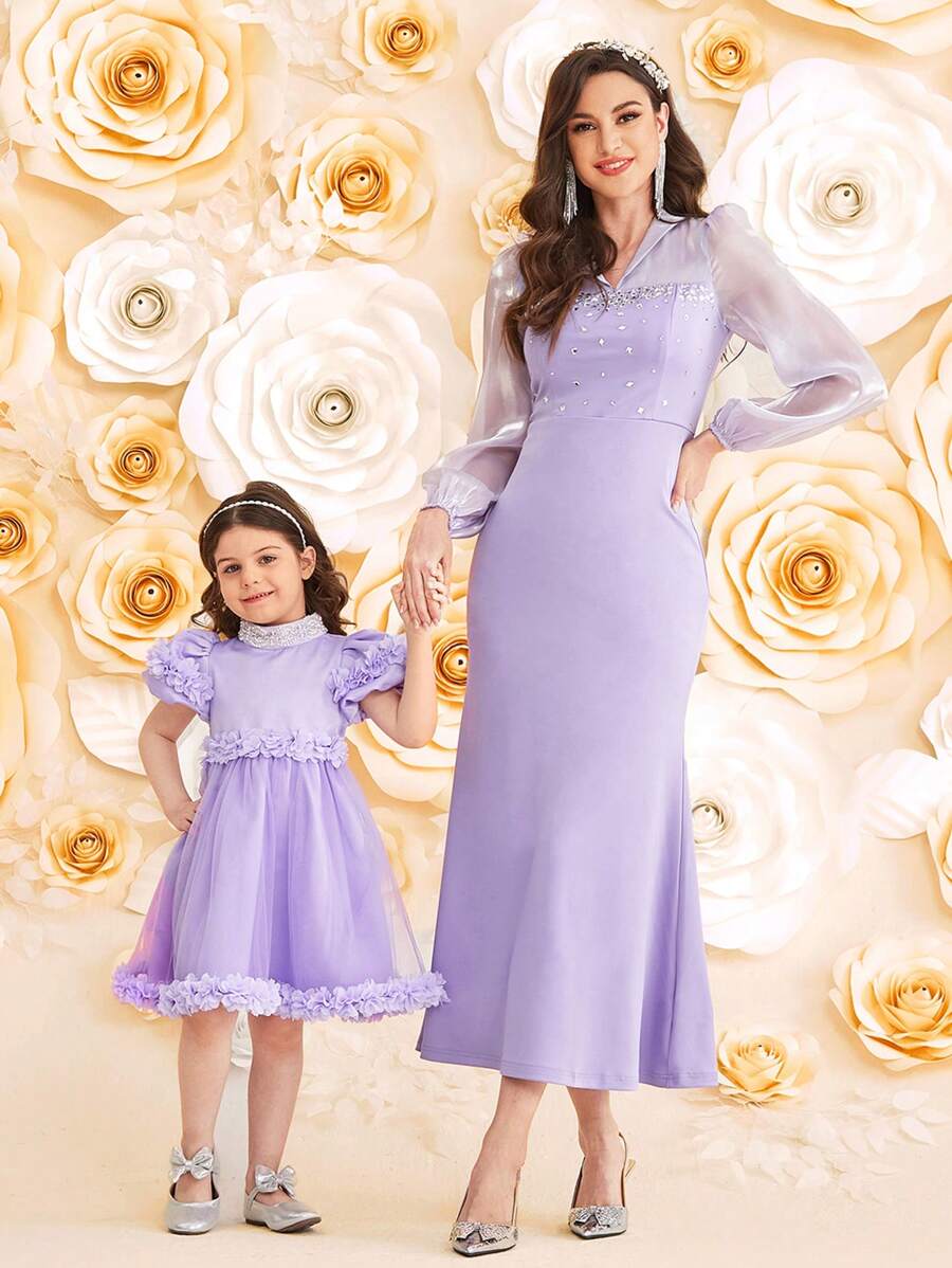 SHEIN Leap Crew 少女 1入組 華麗圓領3d花 & 網紗拼接裙 - 紫色 - 查看 1