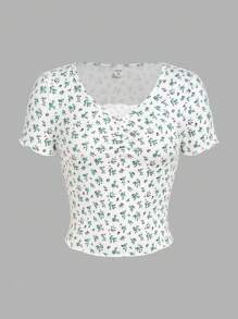 SHEIN Áo thun ngắn tay dệt kim hoa chắp vá cho cô gái tuổi teen - màu xanh lá - Xem 1