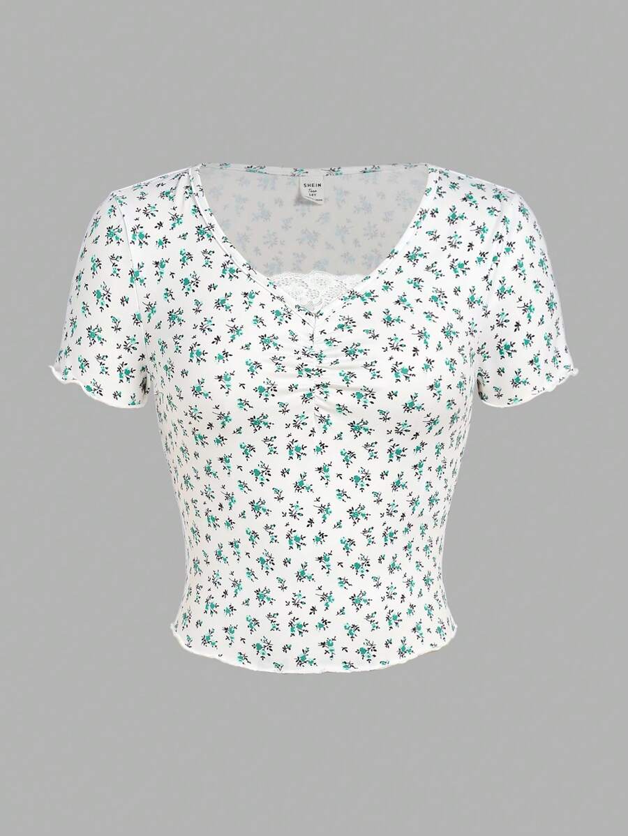 SHEIN Áo thun ngắn tay dệt kim hoa chắp vá cho cô gái tuổi teen - màu xanh lá - Xem 1