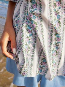 Anewsta Vacation Style Loose Short Sleeve Shirt With Beach Floral Print, Fringe & Wide Band, Women's - Green - View 4