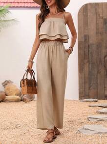 Breezaya Women's Solid Color Double Layered Lotus Hem Cami Top And Pants Two Pieces Set