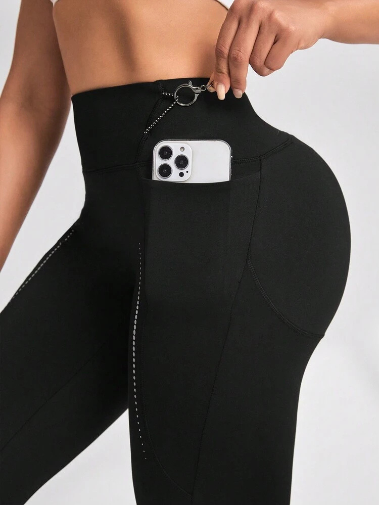 Women's High Waist Butt Lift Stretch Leggings With Reflective Print, Hip Pads And Pocket Details
