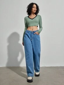 Forever 21 女士對比色v領短款t恤 - 綠色 - 查看 5