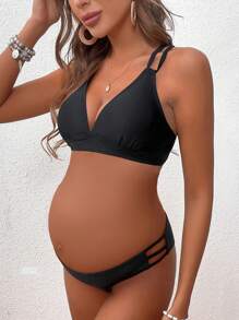 SHEIN Maternity Solid Color Back Cross Bikini Set Set Summer Beach - Black - View 5