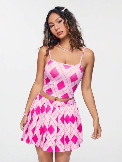 SHEIN Qutie Top a camicia e gonna plissettata con stampa vichy