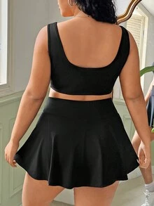 CovetEZ Kích thước lớn Màu thuần Thon gọn Quần skinny Áo vest Và Váy Hai chiếc Bộ - màu đen - Xem 2