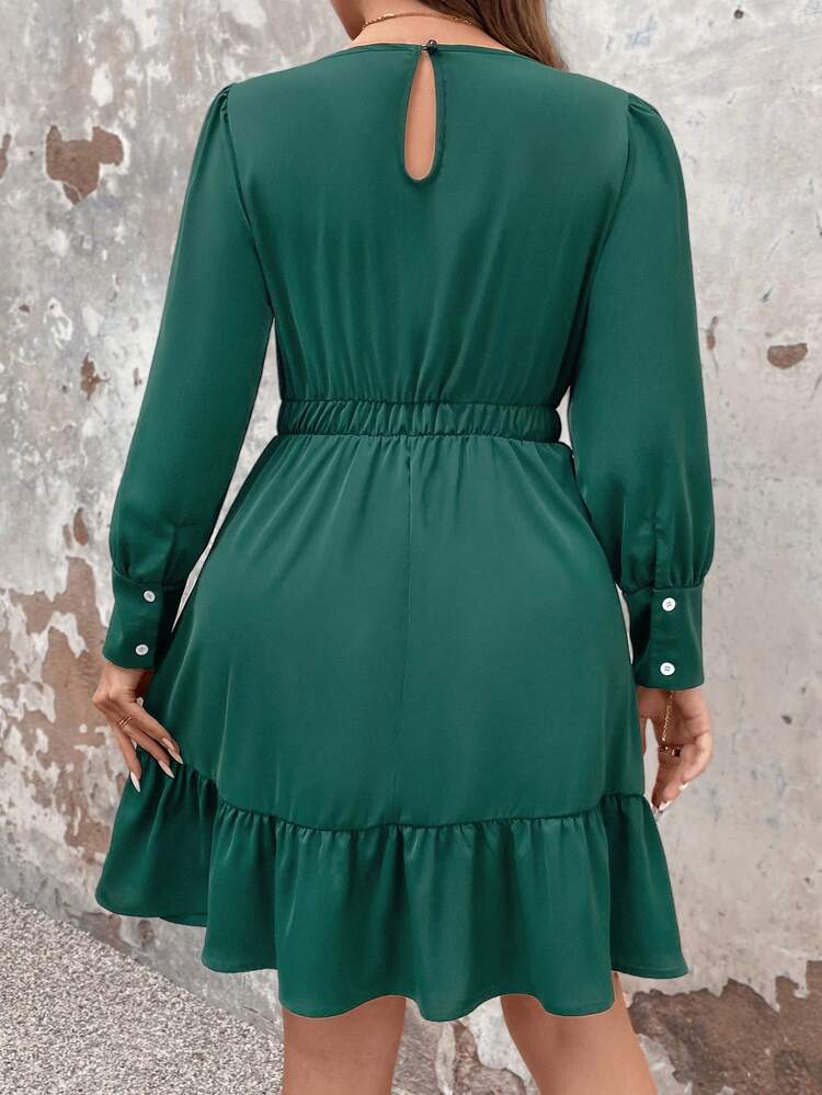 Plus Size Women's Round Neck Long Sleeve Belted Dress