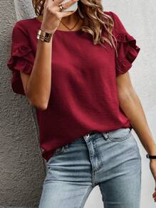 EMERY ROSE Effen blouse met ruches en bloemblaadjesmouwen, tops met korte mouwen