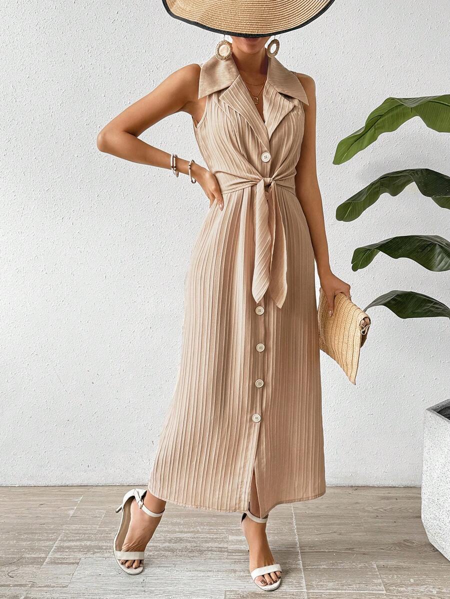 SHEIN Clasi 女士無袖連衣裙,有西裝領和腰帶 - 卡其色 - 查看 1