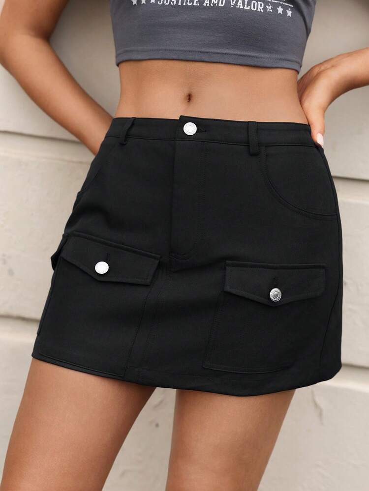Black Woven Flap Pocket A-Line Skirt For Women