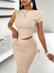 AIJ Amarilo Elegant One-Shoulder Ruched Asymmetric Hem Top And Fish Tail Skirt Set Summer - Apricot - View 5