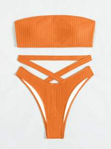 SHEIN Swim 女式夏季海灘實色中空無帶比基尼套裝泳衣 - 橘色 - 查看 4