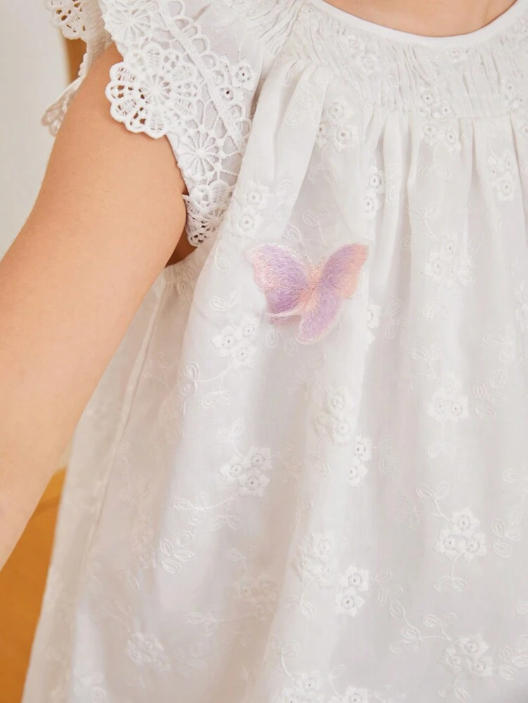 Young Girls' Loose Casual Round Neck Cap Sleeve Butterfly Embellished Midi Dress