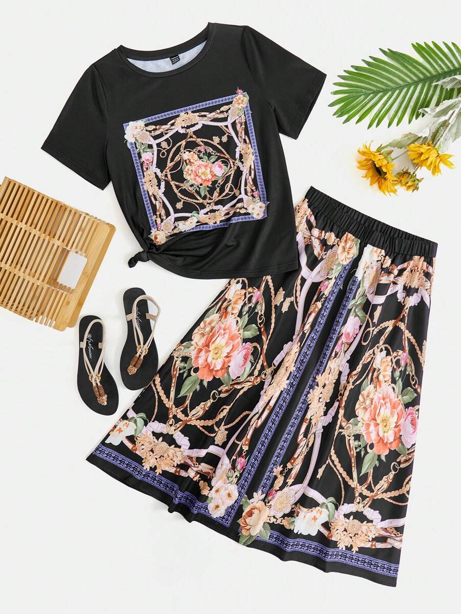 Mulvari 女士花卉印花上衣和阔腿裤套装 2 件套 - 黑色 - 查看 1