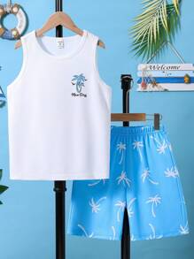 SHEIN Tween Boys' Palm Tree Print Tank Top And Shorts Set, School, Campus, College - Blue and White - View 2