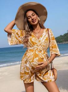 SHEIN Maternity V-Neck Plant Print Jumpsuit - Yellow - View 3