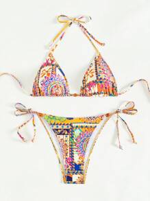 SHEIN Swim Summer Beach Women's Random Printed Knot Front Halter Neck Bikini Set - Multicolor - View 6