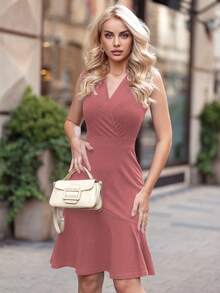 MIUSOL Surplice Neck Ruffle Hem Business Dress - Dusty Pink - View 8