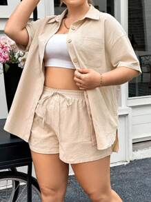 SHEIN Essnce 大码夏季两件套服装短款女士套装仿棉麻套装和亚麻短袖衬衫夏季套装女士亚麻衣服休闲女士连衣裙卡其短裤亚麻 - 卡其色 - 查看 3