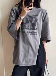 DAZY Women's Vintage Pattern Loose T-Shirt Summer Oversized T-Shirt,Graphic Tees - Grey - View 6