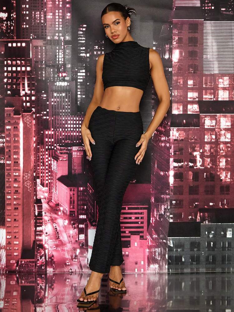 Solid Color Jacquard Knit Slim-Fit Tank Top And Elastic-Waist Flared Trousers, Black Knit Two-Piece Set For Spring And Summer, Perfect For Casual And Stylish Holiday Or Outing Style