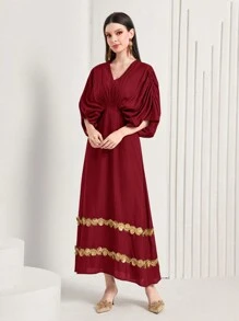 Modelyn 勃艮第红色女式贴花装饰褶皱蝙蝠袖长袍连衣裙 - 酒紅色 - 查看 4