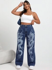 SHEIN EZwear Plus Size Men's Dragon Printed Straight Leg Jeans - Medium Wash - View 4